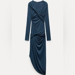 Zara Knotted Asymmetric Metric Dress - Blue Gray Small